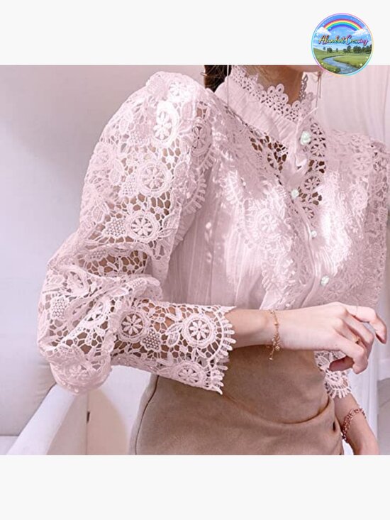 Tops - Lace Trim Victorian Blouse Long Sleeve Button Down Tops